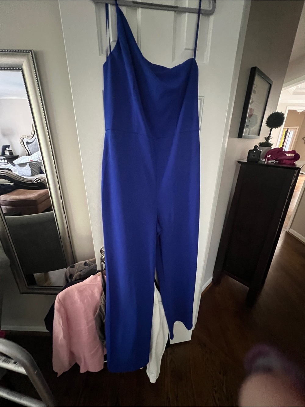 Women's Royal Blue Satin Jumpsuit off one shoulder style